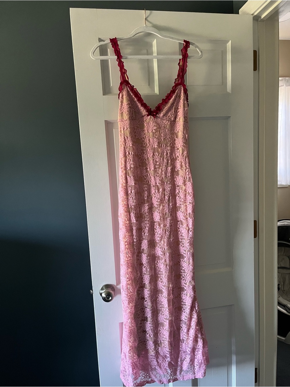 Pink Lace Slip Dress with Red Trim